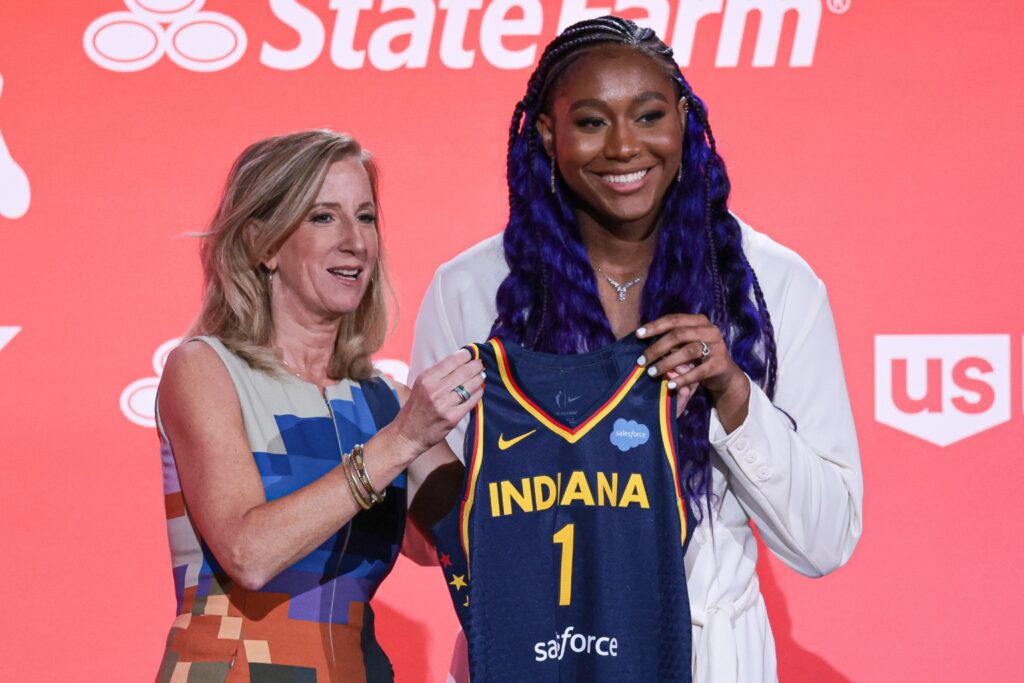 Cathy Engelbert and Aliyah Boston