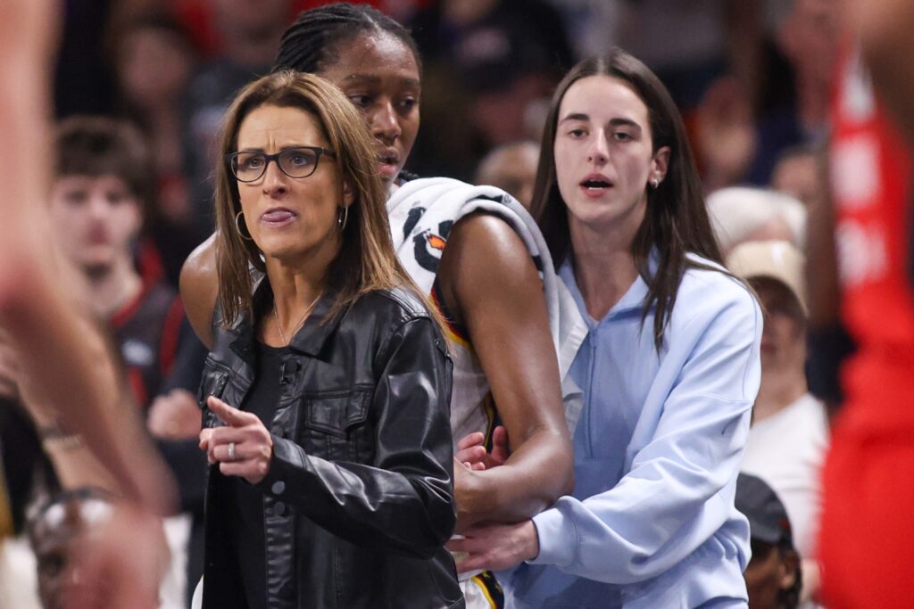 Stephanie White, Aliyah Boston and Caitlin Clark