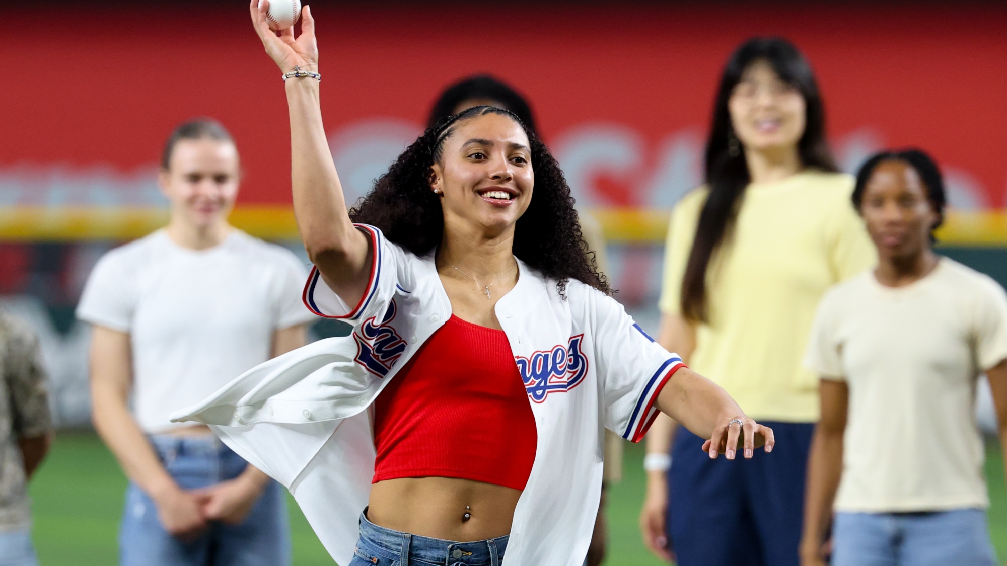 Azzi Fudd Throws Her 1st Pitch At Texas Rangers Game Ahead Of WNBA Debut